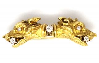 Antique Two - Headed Dog Diamond Brooch / Pin 18k Yellow Gold - Hm1457sn