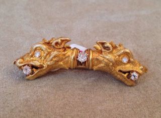 Antique Two - headed Dog Diamond Brooch / Pin 18K Yellow Gold - HM1457SN 2