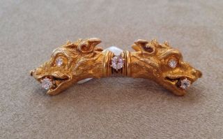 Antique Two - headed Dog Diamond Brooch / Pin 18K Yellow Gold - HM1457SN 7