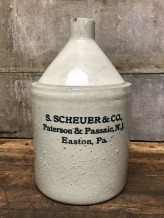 Antique Stoneware Jug Scheuer & Co Paterson Passaic Nj Easton Pa Liquor Whiskey