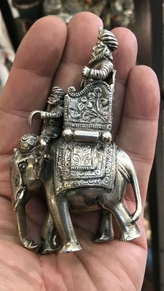 Antique Solid Silver Ellephant Figure & Two Man Statue Ryder Indian Sultan Shah