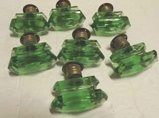 7 Antique Green Art Deco Depression Glass Overmyers Threaded Door Drawer Knobs