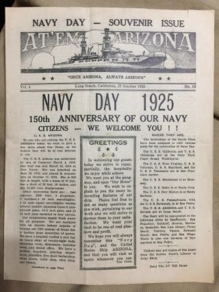 Navy Day1925 Battleship Uss Arizona Shipboard Newspaper “at Em Arizona”