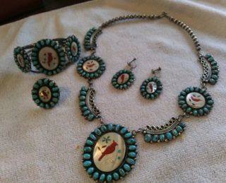 Antique Sterling Silver &turquoise Zuni/navajo Cardinal Inlay 4 Piece Set.