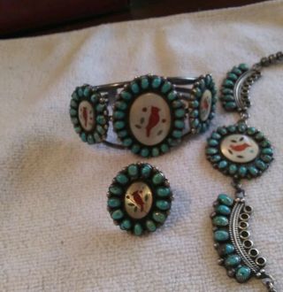 Antique Sterling Silver &Turquoise Zuni/Navajo Cardinal Inlay 4 piece set. 2