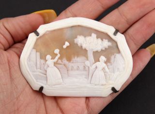 Rare Large Antique 19thc Hand Carved Cameo Victorian Women Badminton Brooch