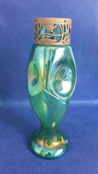 Marvellous Art Nouveau 1900s Loetz Tall Iridised Vase W Integral Metal Top