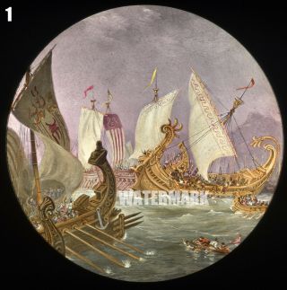 4 Magic Lantern Slides: Galley Ships In Ancient Sea Battle Salamis & Thermopylae