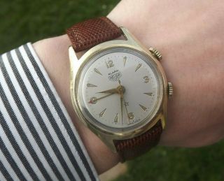 Vintage Heuer One Star Alarm Watch As 1475 14ct 14k Gold Capped C.  1950s