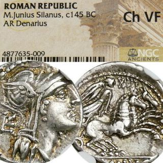 Roma,  Victory Chariot Ngc Choice Vf Junia 15 Ancient Roman Silver Denarius Coin