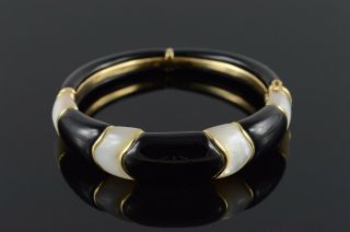 14k Heavy Designer - Black Onyx Mother Of Pearl Bangle Bracelet Yellow Gold