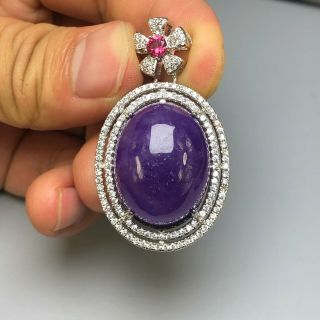 Rare Chinese S925 Silver & Purple Jadeite Jade Handwork Collectible Oval Pendant