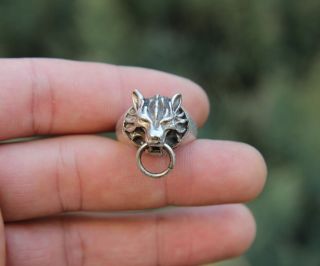 Chinese Miao Jewelry Silver Handwork Flexible Caliber Wolf Head Finger Ring 5