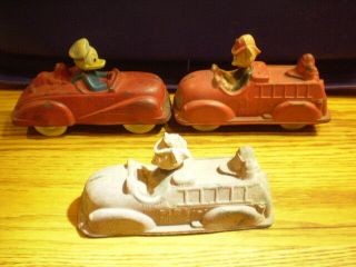 Three (3) Vintage Sun Rubber Mickey Mouse And Donald Duck Fire Engines 2