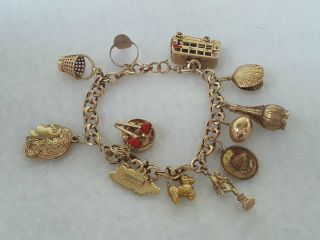 Vintage 10k Yellow Gold Curb Charm Bracelet With 12 Charms 9k 10k 14k 40.  8 Gr