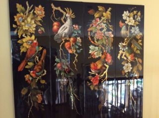 Vintage Hand Painted Black Lacquer Coromandel Screen Four Panels From Spain