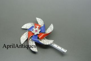 Vintage 40s Crown Trifari Alfred Philippe Blue Red Enamel Windmills Brooch