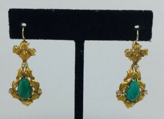 Antique 14k Yellow Gold Diamond & Turquoise Ornate Dangle Earrings