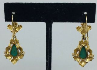 Antique 14k Yellow Gold Diamond & Turquoise Ornate Dangle Earrings 4