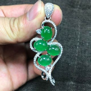 Collectible 925 Silver & Jadeite Jade 4 Green Bead Handwork Chinese Bird Pendant