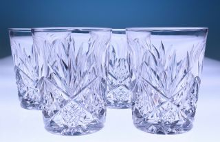 Set 4 Signed Hawkes Deeply Cut Glass Lo Ball Tumblers Star & Fan Whiskey Crystal