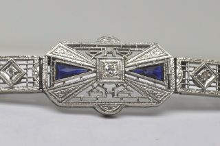 Art Deco 14k White Gold Filigree Diamond And Sapphire Bracelet With Platinum Top