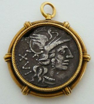 Roman Republic Roma Jupiter Chariot Ancient Silver Coin 18k Gold Bezel