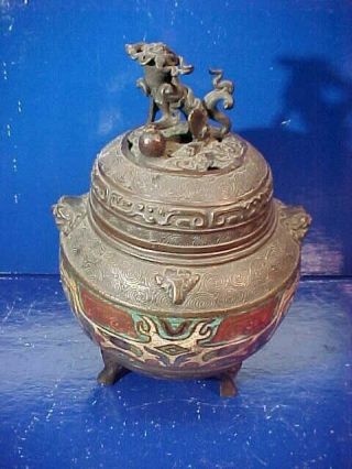 19thc Chinese Bronze Covered Jar W Enameled Cloisonne Decoration Dragon Finial