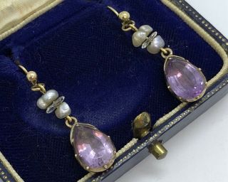 Antique Yellow Gold Foiled Back Amethyst Stunning Earrings Very Rare Find