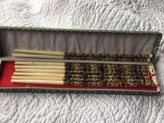 Vintage Cloisonne Gold Enamel Floral Chopsticks Bone Set Of 4 In Storage Box