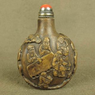 Carved With Figure Decoration In Old Stone Snuff Bottle,  With Red Coral Top Lid