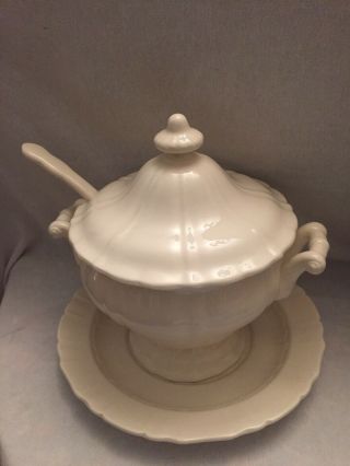 Vintage West German White Ironstone Soup Tureen W/ Spill Plate & Ladle Rare Find