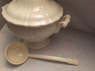 VINTAGE WEST GERMAN WHITE IRONSTONE SOUP TUREEN W/ SPILL PLATE & LADLE RARE FIND 8
