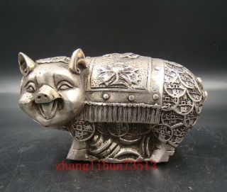 Collectible Handmade Carving Statue Copper Silver Pig Coin Deco Art 招财进宝