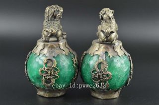 Miao Silver Carve Kylin & Dragon Phoenix Inlay Green Jade Lucky Pair Statue B01
