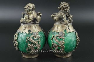 Miao Silver Carve Kylin & Dragon Phoenix Inlay Green Jade Lucky Pair Statue b01 2