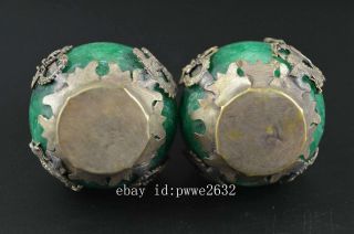 Miao Silver Carve Kylin & Dragon Phoenix Inlay Green Jade Lucky Pair Statue b01 4