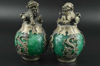 Miao Silver Carve Kylin & Dragon Phoenix Inlay Green Jade Lucky Pair Statue b01 5