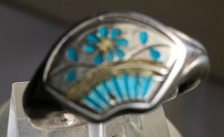 Antique Chinese Silver Ring Blue Enamel Fan Size 6