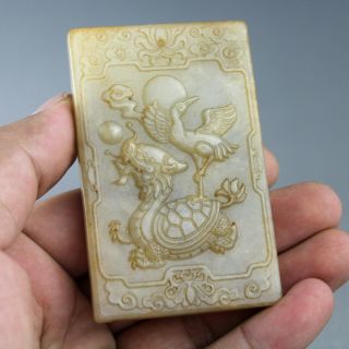 3.  1  China Old Jade Chinese Hand - Carved Dragon Turtle Phoenix Jade Pendant 0935