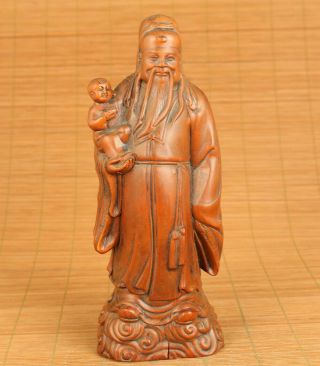 Rare Asian Old Boxwood Hand Carved God Of Wealth Statue Netsuke Decoration