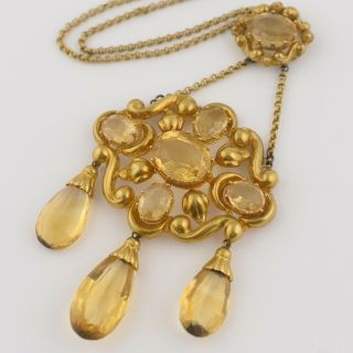 Antique Victorian 14k Gold Chased Repousse Natural Citrine Pendant Necklace