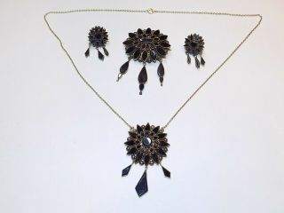Antique Victorian Mourning 9k Solid Gold Black Onyx Necklace Brooch Earrings Set