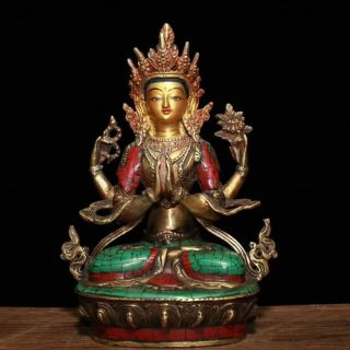 9.  2 " Old Tibet Buddhism Bronze Inlay Turquoise 4 Arm Bodhisattva Buddha Statue