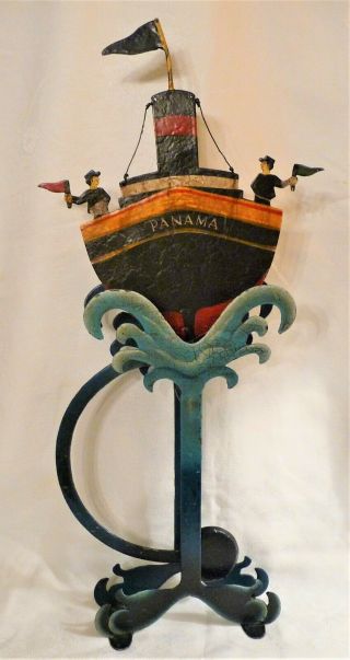 Vintage Nautical Toy Pendulum Balance Metal Folk Art Panama Ship With Waves
