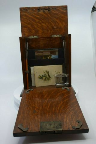 Antique Oak European Travelers Letter Box Writing Letter Lap Desk Silver Plate 6