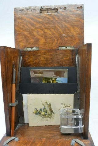 Antique Oak European Travelers Letter Box Writing Letter Lap Desk Silver Plate 7