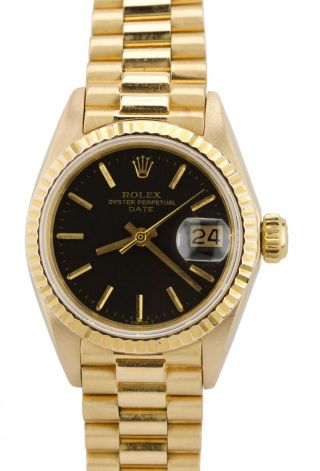 Ladies Rolex Date 6917 26mm Black 18k Yellow Gold Watch 69178 President Datejust