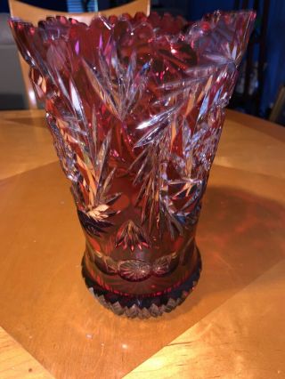 Vase,  9.  5 " Tall,  Red Cut Glass,  Crystal,  Large 10 Pounds