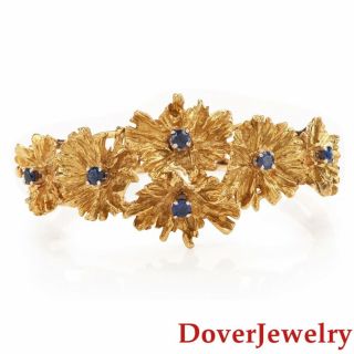 Vintage Blue Sapphire 18k Yellow Gold Floral Bangle Bracelet 44.  4 Grams Nr